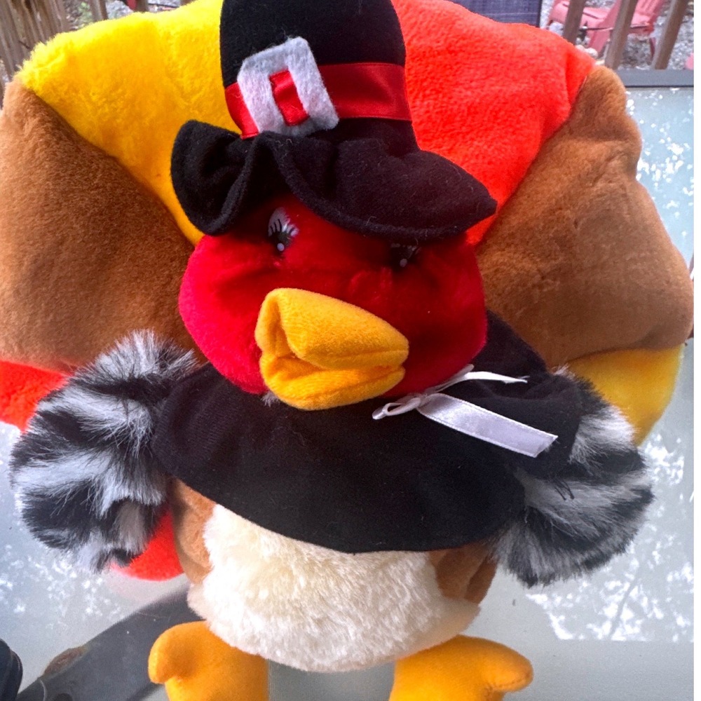Plush Turkey  14" Multicolor Pilgrim Hat Faux Fur Thanksiving Stuffy